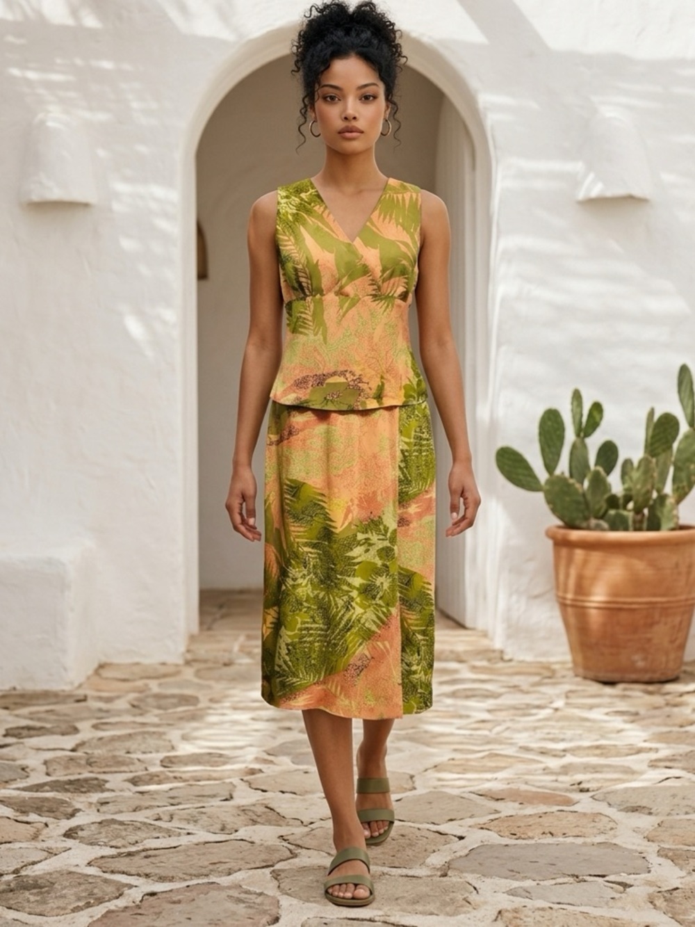 Rena Rowan (Petite) SZ 10P two piece skirt set, green & coral botanical print.